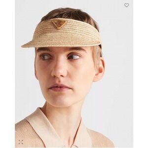 Prada Crochet Raffia Visor Hat Tan Logo NWT Full Set duster bag and original box